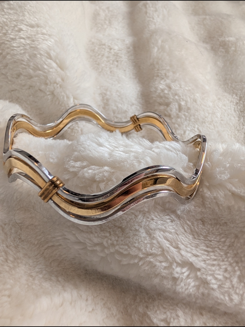 Vintage Modernist Wave Hinged Bracelet Mixed Metal Sculptural Cuff Avon